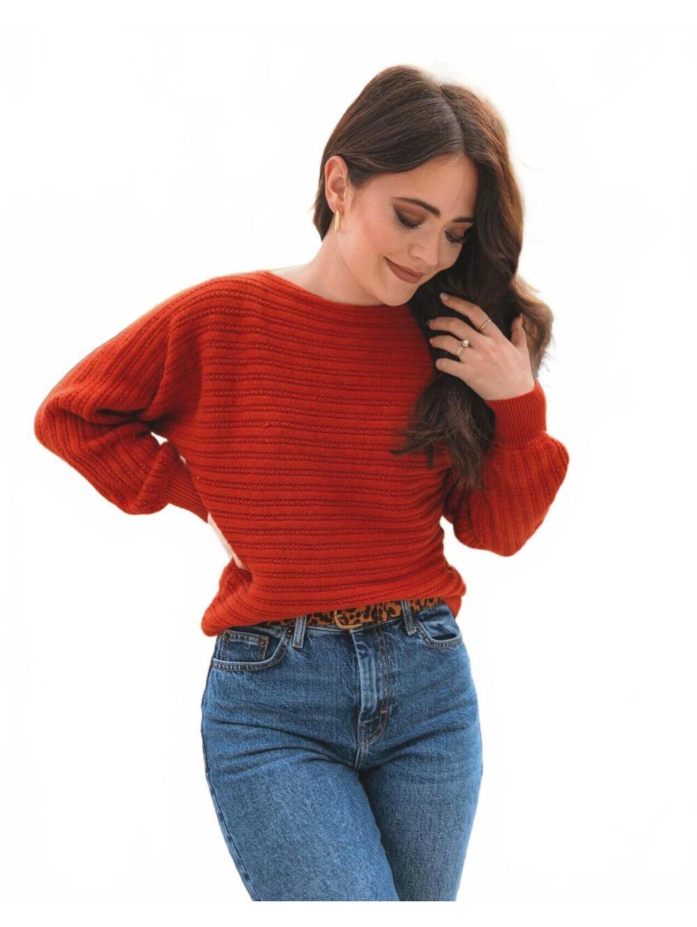 ZESICA M Medium Crew Neck Lantern Long Sleeve Ribbed Knit Sweater Viscose Orange - Picture 2 of 7
